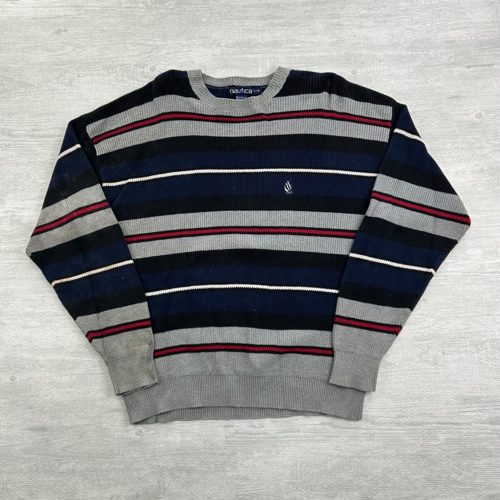 Vintage 90s Nautica Striped Sweater Size Large Gray Embroidered Logo Pullover